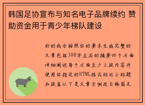 韩国足协宣布与知名电子品牌续约 赞助资金用于青少年梯队建设 韩国足协宣布与知名电子品牌续约 赞助资金用于青少年梯队建设