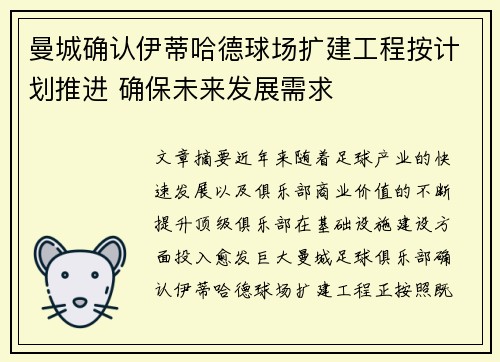 曼城确认伊蒂哈德球场扩建工程按计划推进 确保未来发展需求 曼城确认伊蒂哈德球场扩建工程按计划推进 确保未来发展需求
